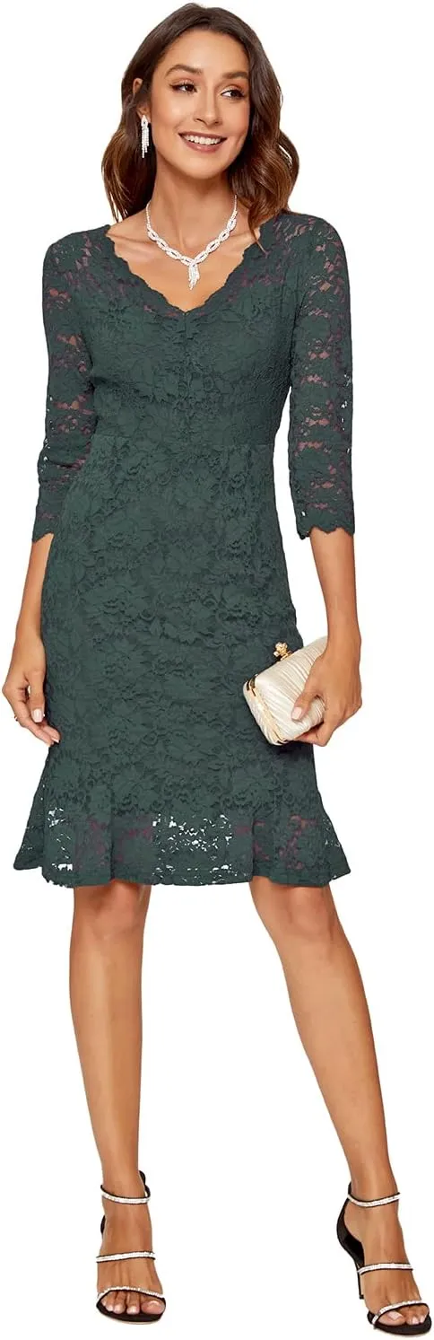 Womens Lace Floral Overlay Sexy V Neck Evening Cocktail Party Mermaid Bodycon Dresses