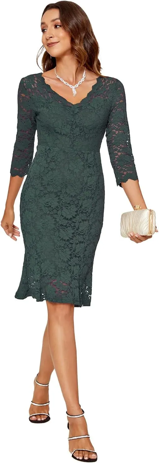 Womens Lace Floral Overlay Sexy V Neck Evening Cocktail Party Mermaid Bodycon Dresses