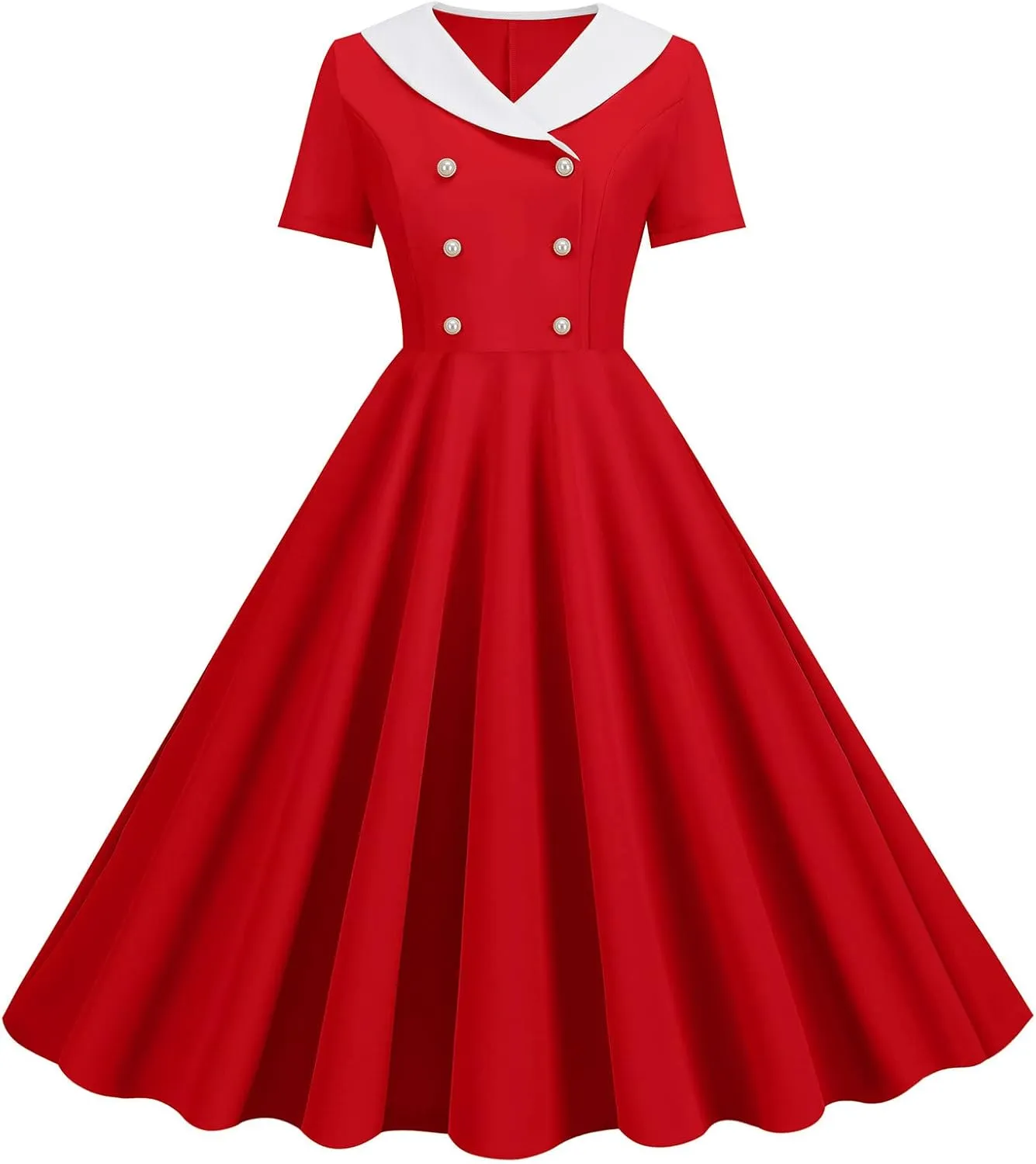 Women's Retro Dresses 60s Sailor Collar Short Sleeve Pinup Cocktail Dress Double Breasted Pleated A Line Swing Dress