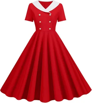 Women's Retro Dresses 60s Sailor Collar Short Sleeve Pinup Cocktail Dress Double Breasted Pleated A Line Swing Dress