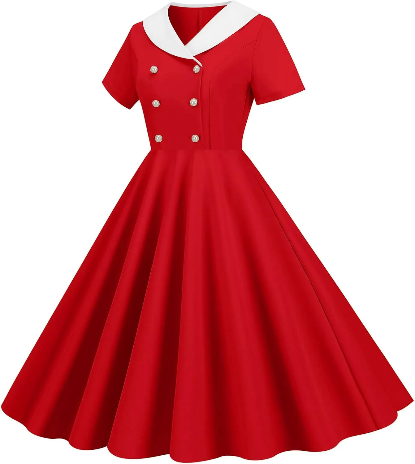 Women's Retro Dresses 60s Sailor Collar Short Sleeve Pinup Cocktail Dress Double Breasted Pleated A Line Swing Dress