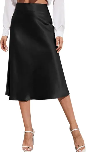 Womens Satin A-Line Skirt Bright Face High Waist Solid Color Side Split Skirt with Zipper Knee Length Office
