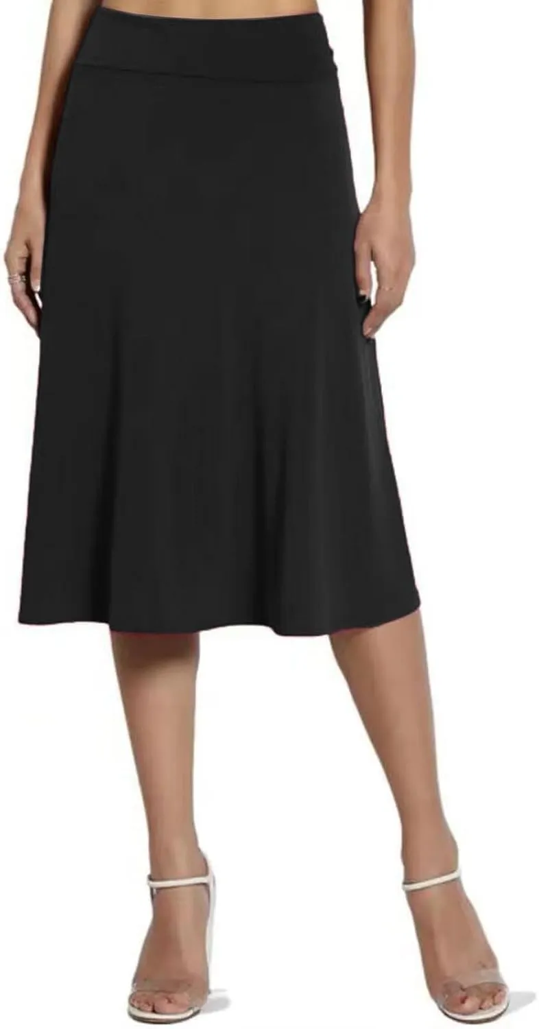 Womens Satin A-Line Skirt Bright Face High Waist Solid Color Side Split Skirt with Zipper Knee Length Office