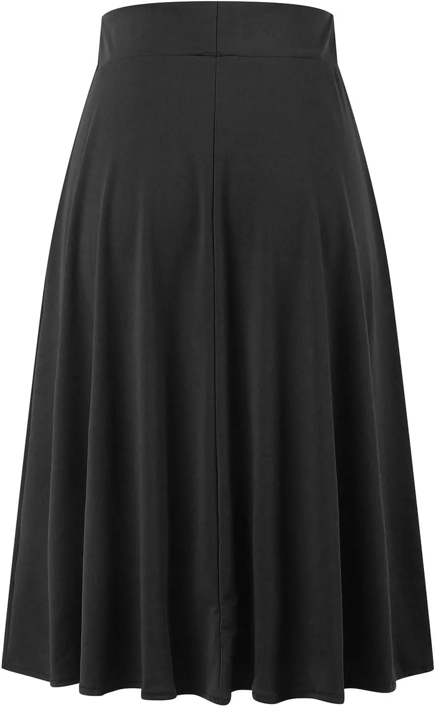 Womens Satin A-Line Skirt Bright Face High Waist Solid Color Side Split Skirt with Zipper Knee Length Office