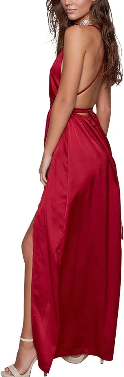Women's Satin Formal Dress Sexy V Neck Backless Split Long Maxi Cocktail Party Wedding Guest Dress
