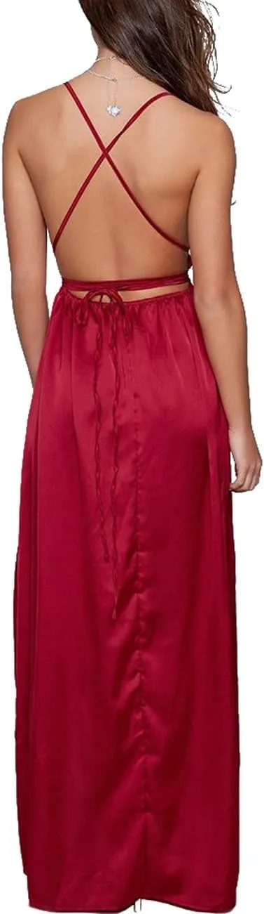 Women's Satin Formal Dress Sexy V Neck Backless Split Long Maxi Cocktail Party Wedding Guest Dress