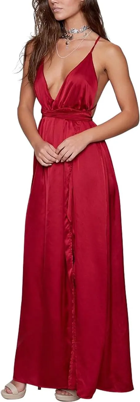 Women's Satin Formal Dress Sexy V Neck Backless Split Long Maxi Cocktail Party Wedding Guest Dress