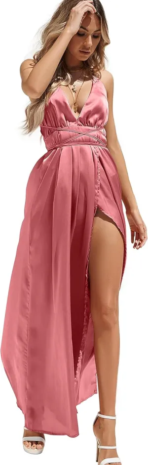 Women's Satin Formal Dress Sexy V Neck Backless Split Long Maxi Cocktail Party Wedding Guest Dress