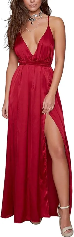 Women's Satin Formal Dress Sexy V Neck Backless Split Long Maxi Cocktail Party Wedding Guest Dress