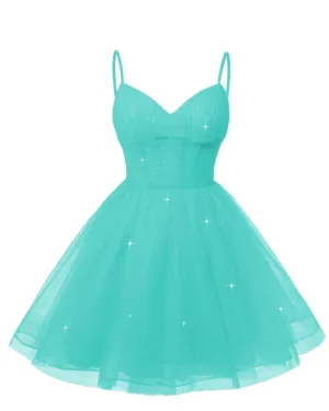 Women's V Neck Tulle Spaghetti Straps Turquoise Homecoming Dresses with Corset Back Short Prom Gowns for Teens
