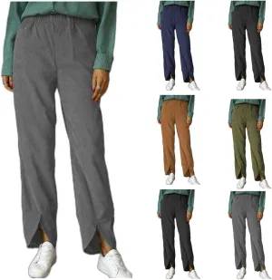 Women's Vintage Trousers with Pockets, Corduroy Elastic Waist Pull On Straight Leg Slacks Casual Fall Winter Pants
