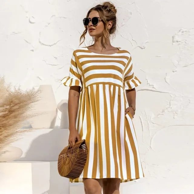 Yeknu Summer Floral Print Dress Bohemian Ruffles Short Sleeve A-Line Dresses Elegant O-Neck Loose Mini Party Dresses Vestidos
